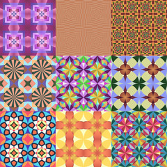 Set of 9 seamless colorful geometric vector patterns.