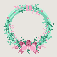 Wedding vintage wreath. Frame of flowers and hearts.