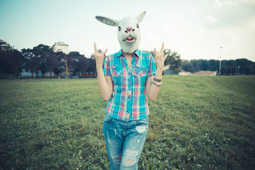 rabbit mask absurd beautiful young hipster woman