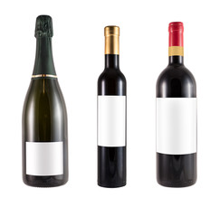 three bottles of red wine made of green glass and blank label