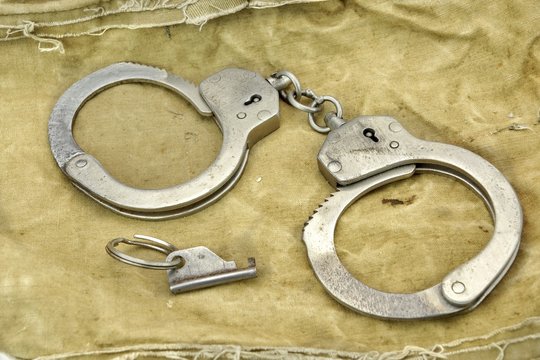 Handcuffs with Key On The  Camouflage Army  Bag or Fabric