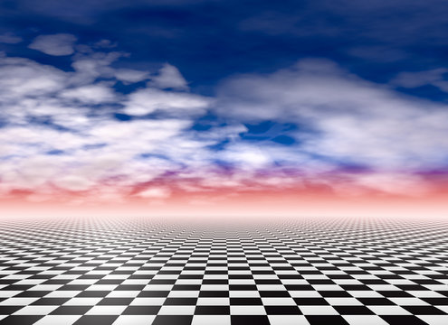 Checkered floor, cloudy sky background