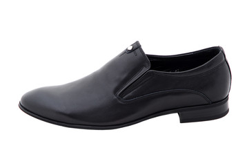 Black patent leather men shoes against white background. Male