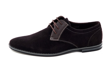 Black patent leather men shoes against white background. Male