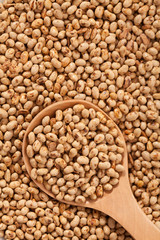Soy background with large spoone full with seeds