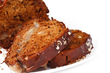 Honey cake with banana cream, caramel decor