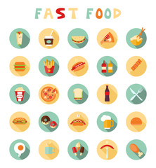 fast food colorful flat design icons set.