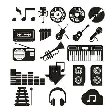 icons music set in black color over white color background
