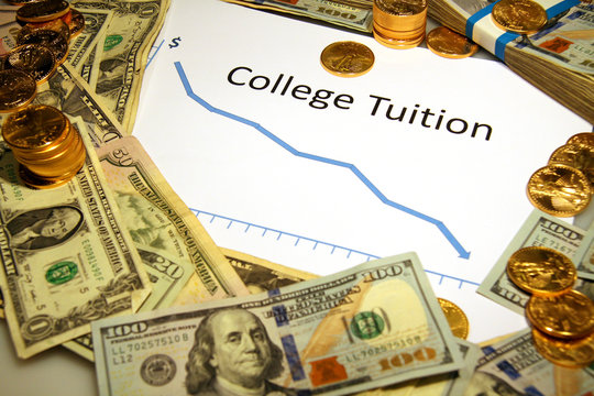 college tuition chart graph down falling with gold money