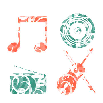 iconos musicales, radio, violin y bafle sobre fondo color blanco