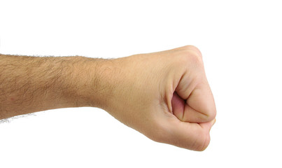 Close up of a man's fist isolated on white background. Punch and