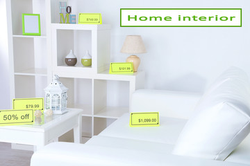 New white furniture with prices in showroom
