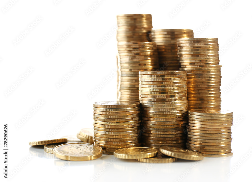 Wall mural pile of coins isolated on white