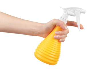 Female hand with sprayer isolated on white