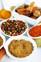 Different kinds of spices in ceramics bowls and spoons