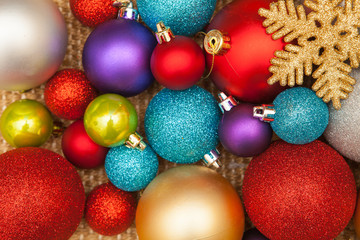 Christmas tree decorations, lights background..