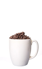 Roasted coffee bean in white mug
