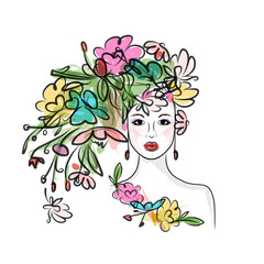 Female face with floral hairstyle for your design