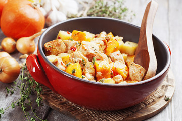 Chicken stew with pumpkin, potatoes and spices