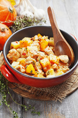 Chicken stew with pumpkin, potatoes and spices