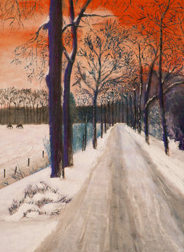 Oil painting of a winter landscape