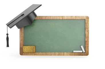 Green Chalkboard with Graduation Cap isolated.