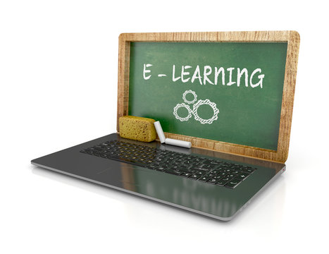 Laptop with chalkboard and sponge. e-learning concept