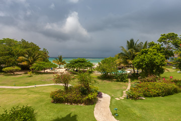 tropical garden with flowers and road to beach