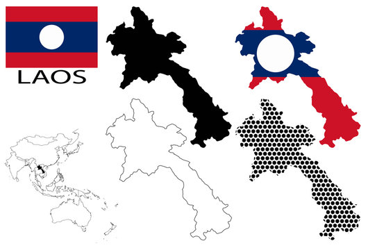 Laos - Contour maps, National flag and Asia map vector