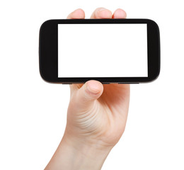 hand holds touchscreen phone isolated