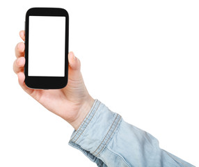 hand in shirt holding smart phone isolated