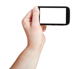 male hand holding smartphone with cut out screen