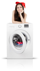 Cute Girl on a Washing Machine Filled with Laundry