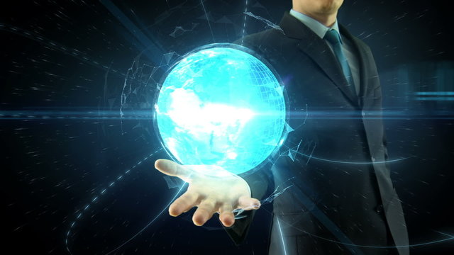 Businessman hold over hand global digital network and internet