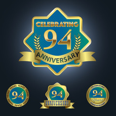 Naklejka premium Celebrating 94 Years Anniversary - Blue seal with golden ribbon