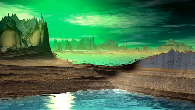 3D rendered fantasy alien planet. Rocks and lake