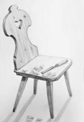 Chair Carpentered Wooden Vintage Pencil Drawing