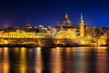 View to Valetta city historical buildings at night