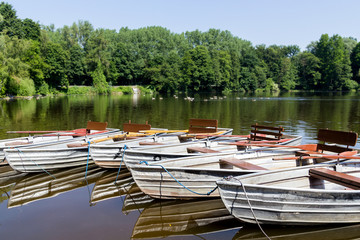 Empty row boats at a lake