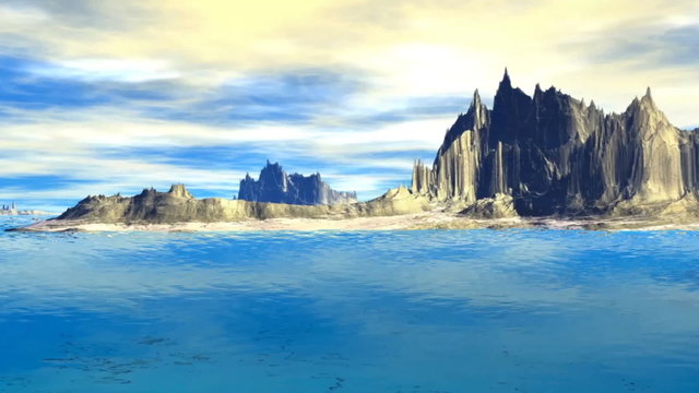 Alien Planet - 3D Rendered Computer Artwork. Rocks and  lake
