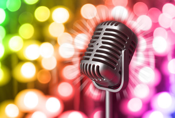 Fototapeta na wymiar Retro microphone on bright background, Karaoke concept