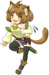 Fantasy female cat warrior in Japanese manga illustration style,