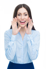 Woman calling with hands near her mouth