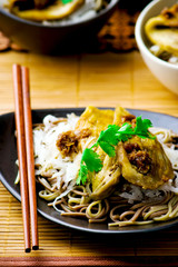 buckwheat noodles with baked eggplants.