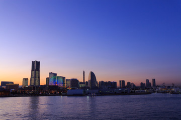Minatomirai 21 area in the twilight in Yokohama, Japan