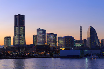 Minatomirai 21 area in the twilight in Yokohama, Japan