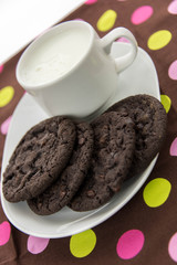 chocolate cookies and glass of milk