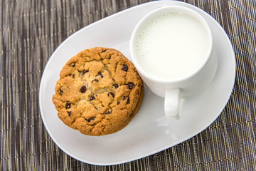 chocolate chip cookies and cup of milk