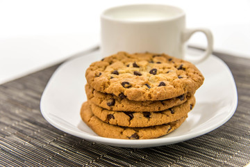 chocolate chip cookies and cup of milk