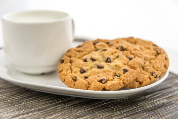 chocolate chip cookies and cup of milk